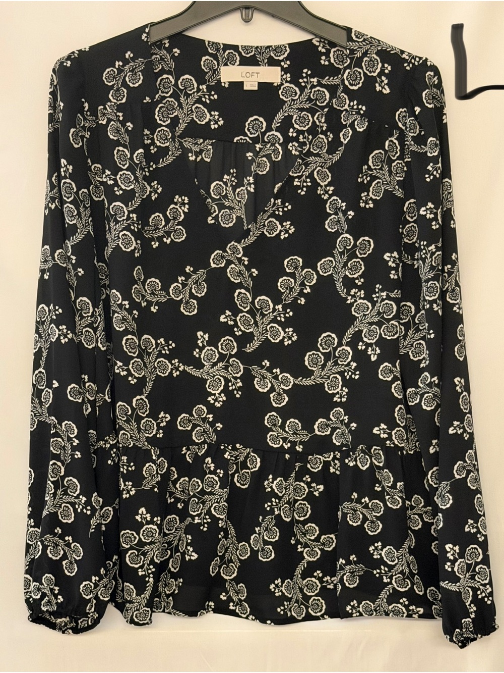 LOFT Black and White Floral Peplum Hem Blouse